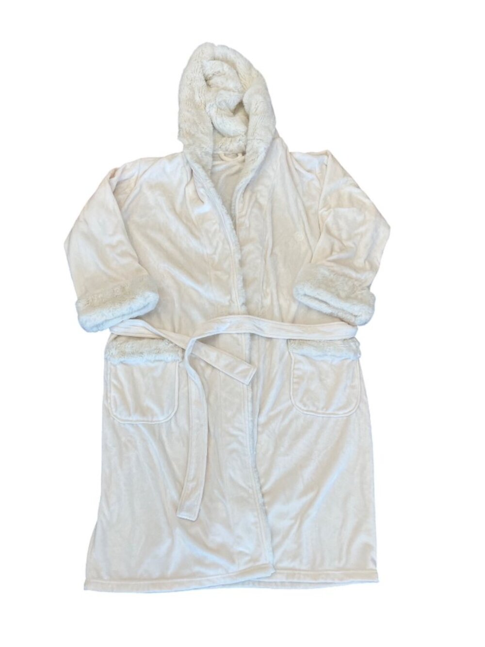 Luxury Hooded White Robe Faux Fur Trim Women's Size XL House Coat Bathrobe